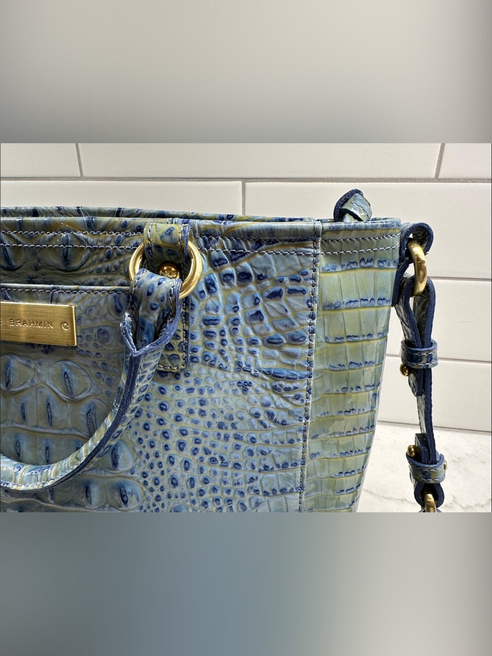 Brahmin Mini Arno Pool Glossy Croc-Embossed Leather Satchel with Gold Hardware - Picture 6 of 8